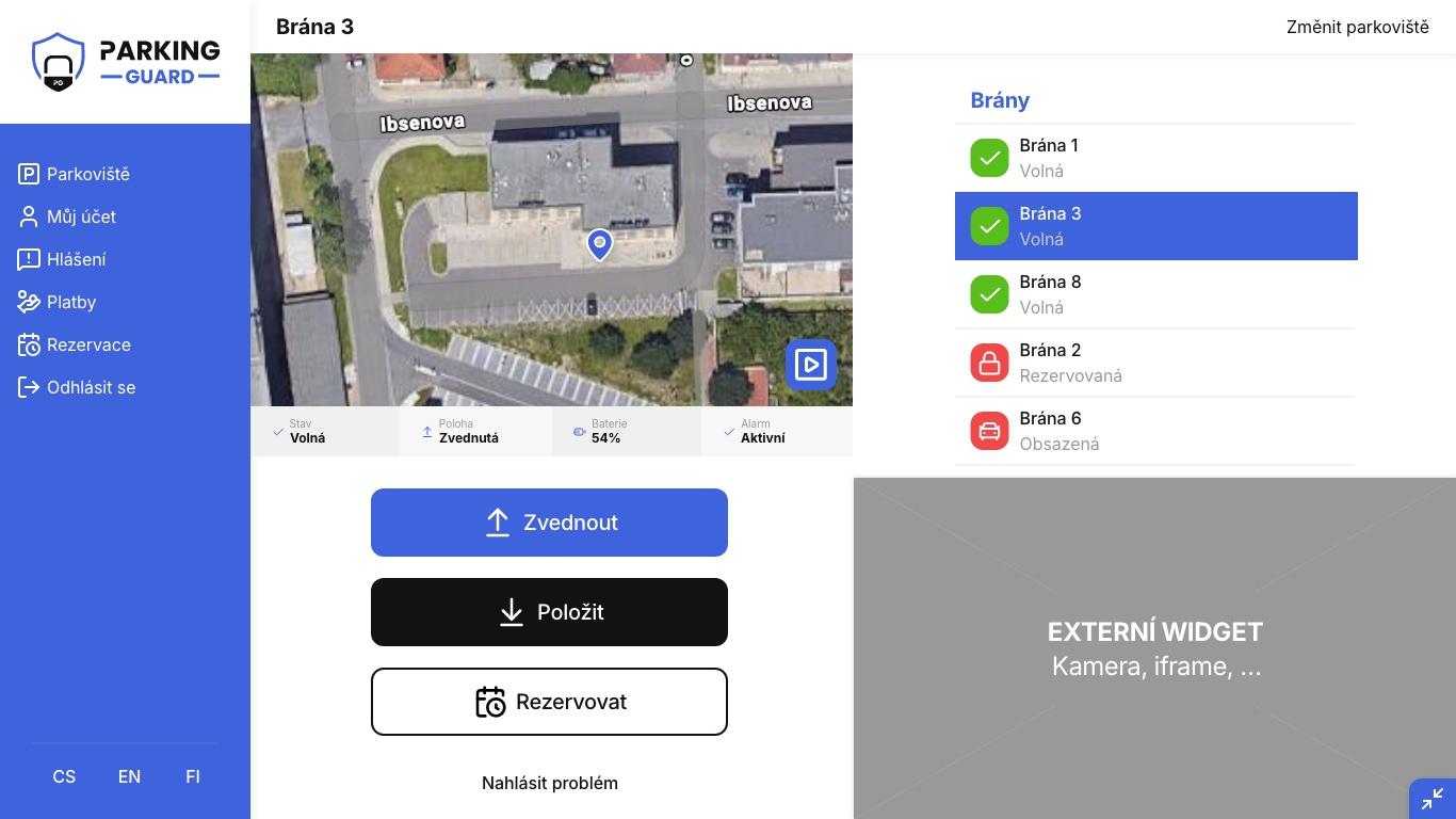 Správa parkoviště Parking Guard v aplikaci s přehledem a ovládáním parkovacích míst